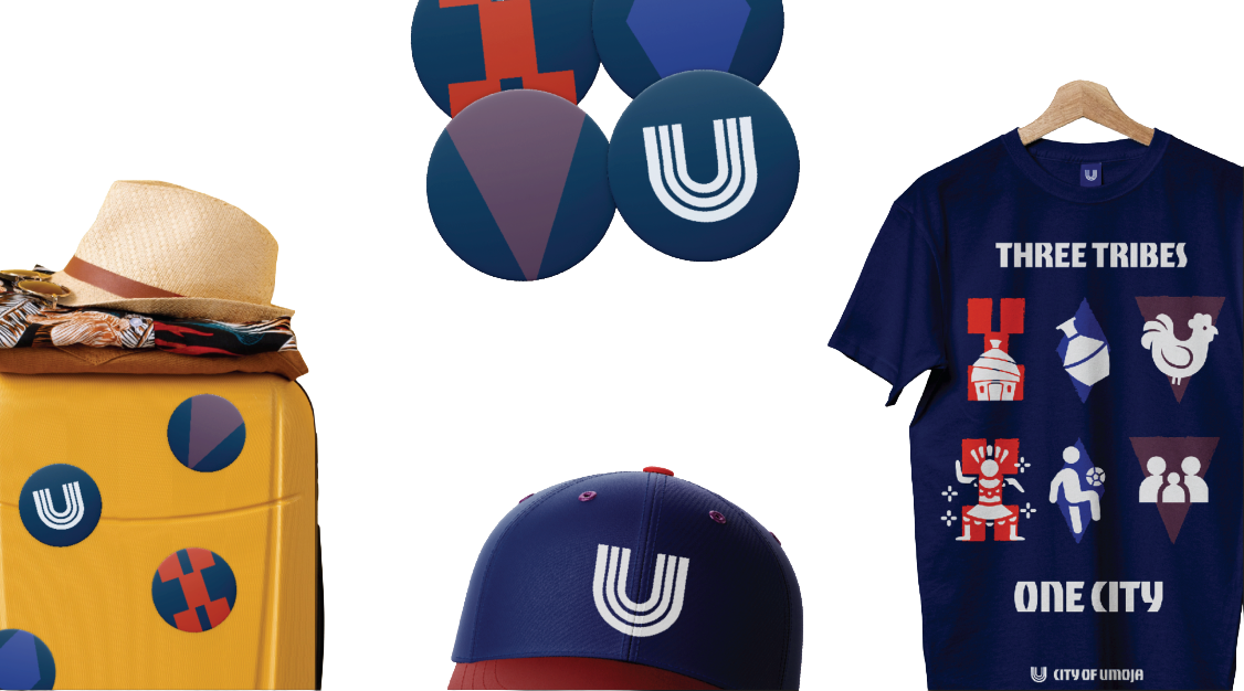 City of Umoja symbols applied to badges, luggage, a cap, and a shirt