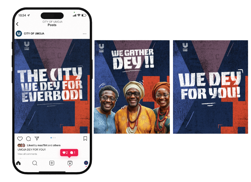 City of Umoja social campaign shown across a phone and two posts